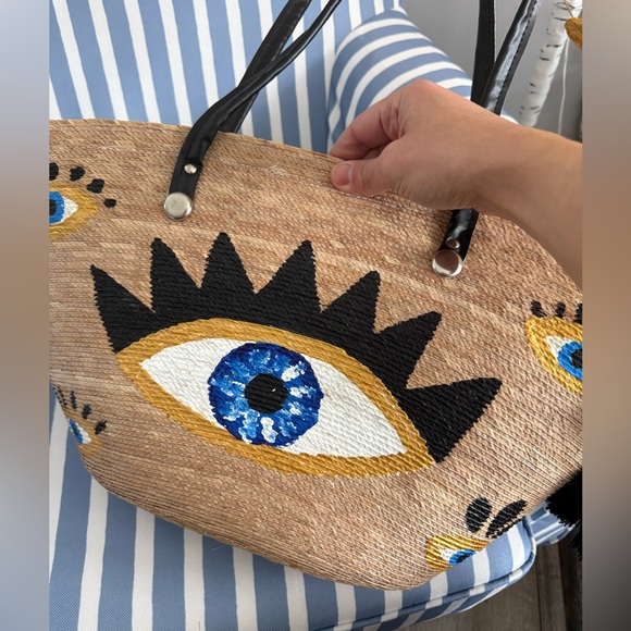 Hand painted Evil Eye Tote Bag Straw Beach Summer Bag - Picture 3 of 4